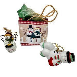 Set Of 3 Christmas SnowmanThemed Ornaments Resin Ceramic Paper Vintage